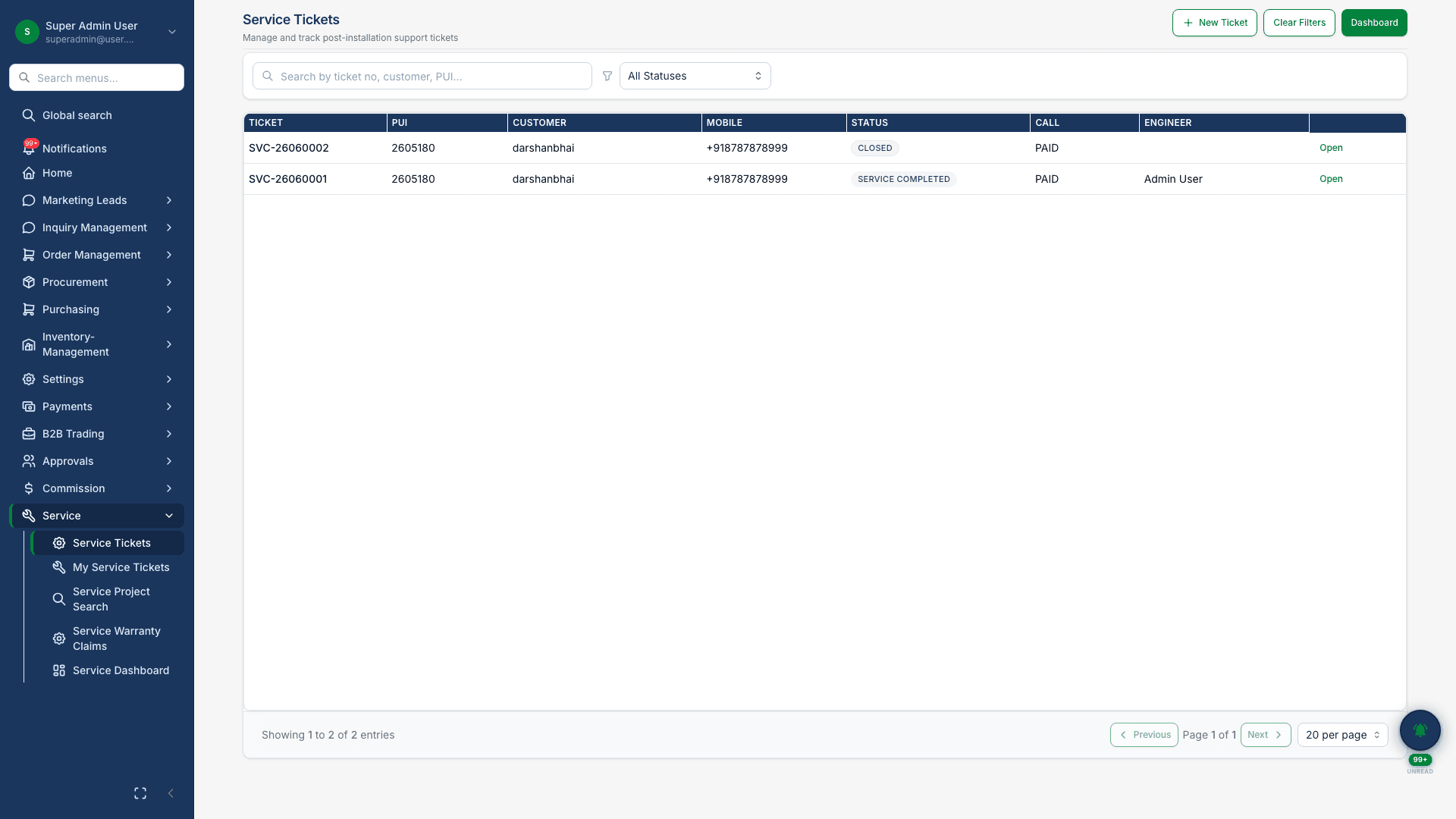 Solar service ticket management in techHind CRM