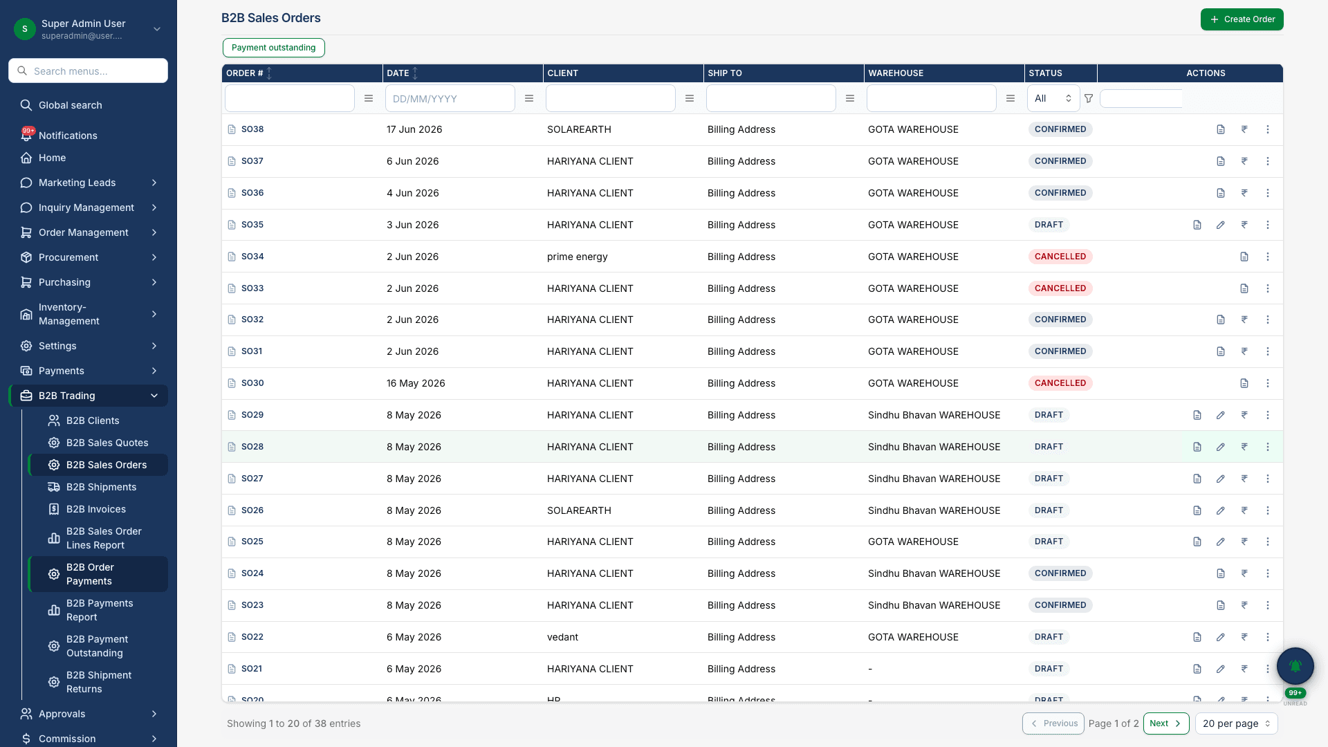 B2B solar sales orders list in techHind CRM