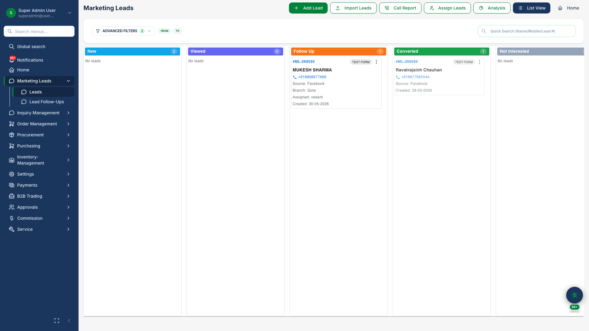 Solar marketing leads kanban pipeline in techHind CRM